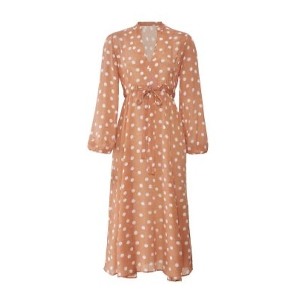 byTiMo Polka Dot Tan White Hourglass V-Neckline Long Sleeve Midi Dress Size S - Picture 11 of 13